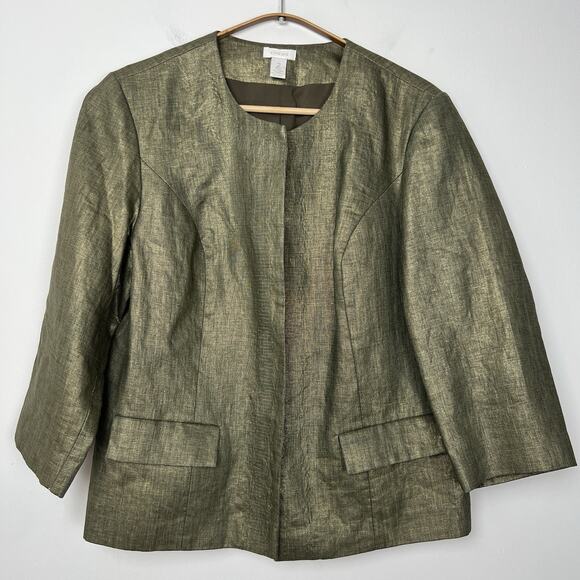 Chicos Women’s Sz 2 Jacket Collarless Blazer 100% linen Metallic Gold 3/4 Sleeve - Picture 1 of 11